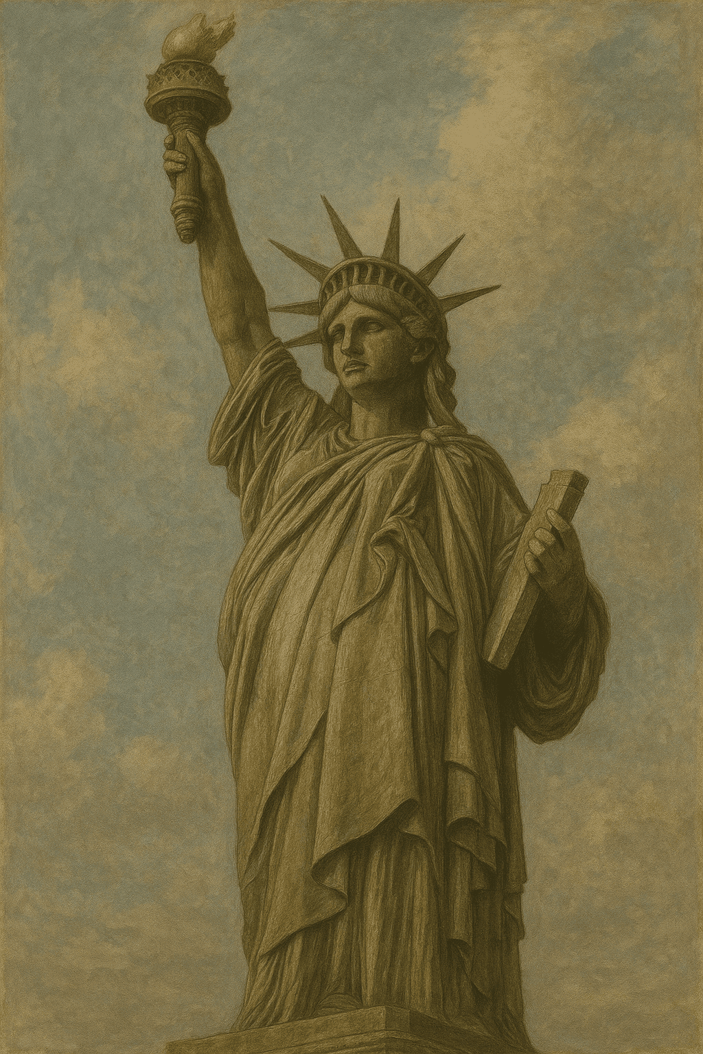 The completed Statue of Liberty standing majestically against a cloudy sky